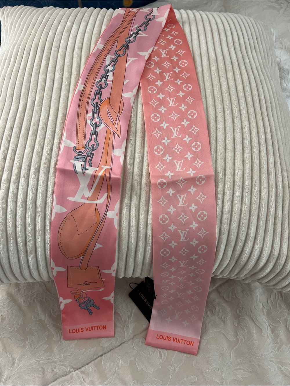 Pink Monogram Silk Double Sided Twilly or Neck Scarf with Saddle & Chain Motif.